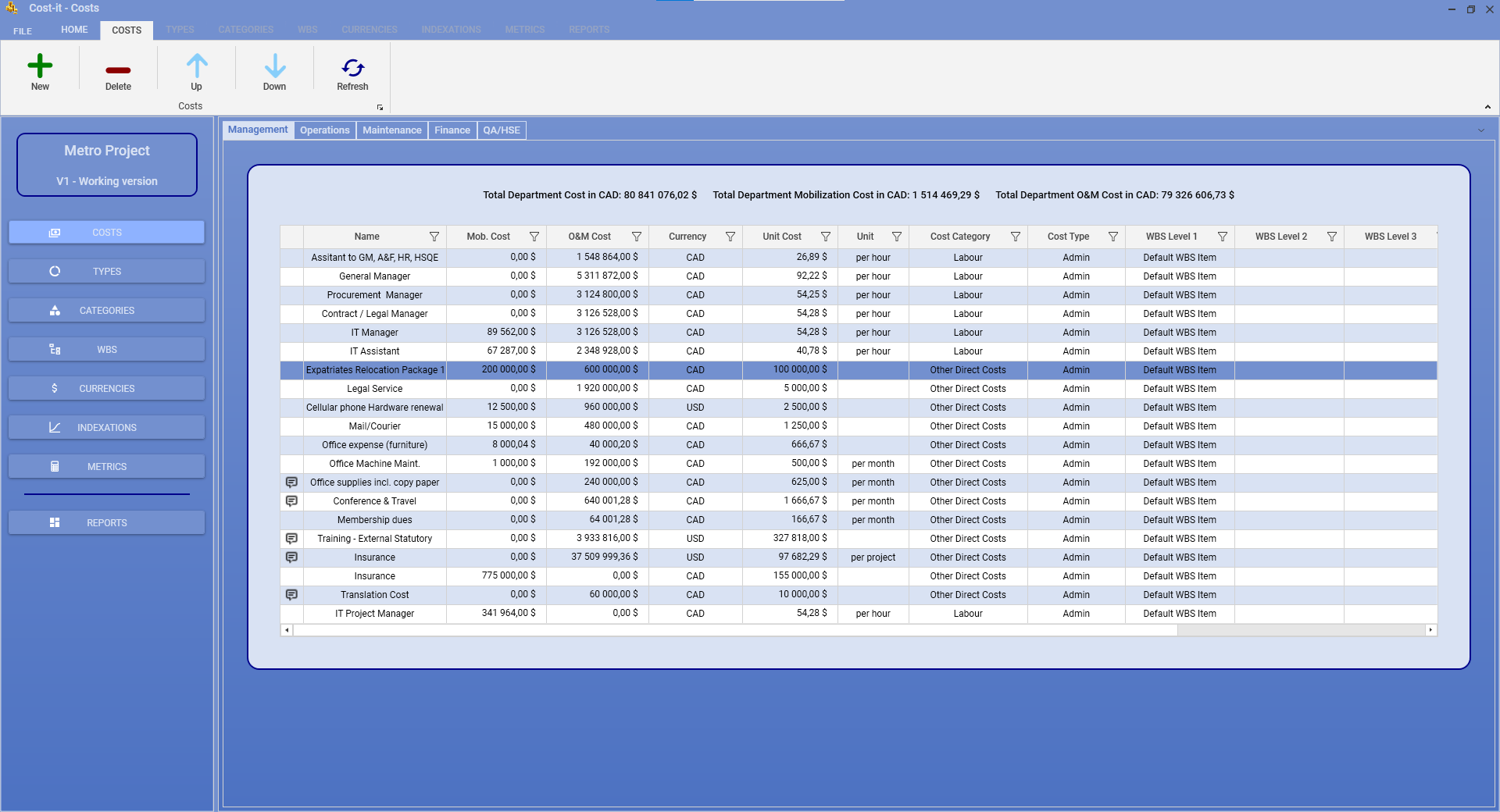 Costs View Screenshot